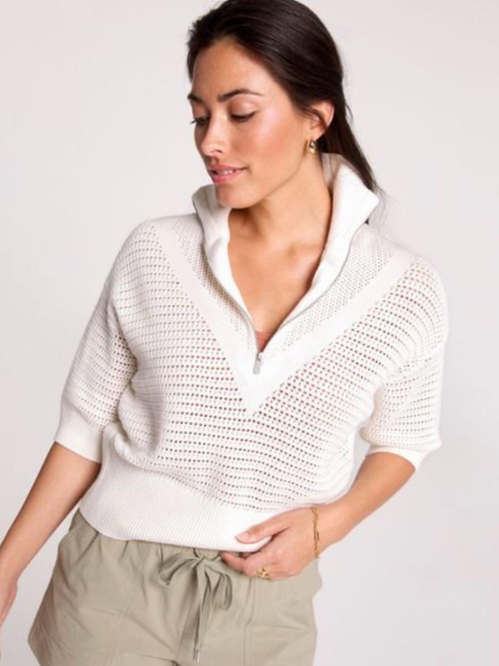 CALIA Women’s Cream Half-Zip Knit Short Dolman Sleeve Pullover Sweater